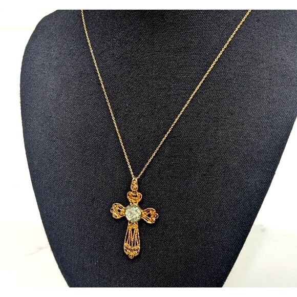 LIRM Israel Roman Glass Cross Necklace Vermeil Gold Over Sterling Silver Vintage - Picture 1 of 16